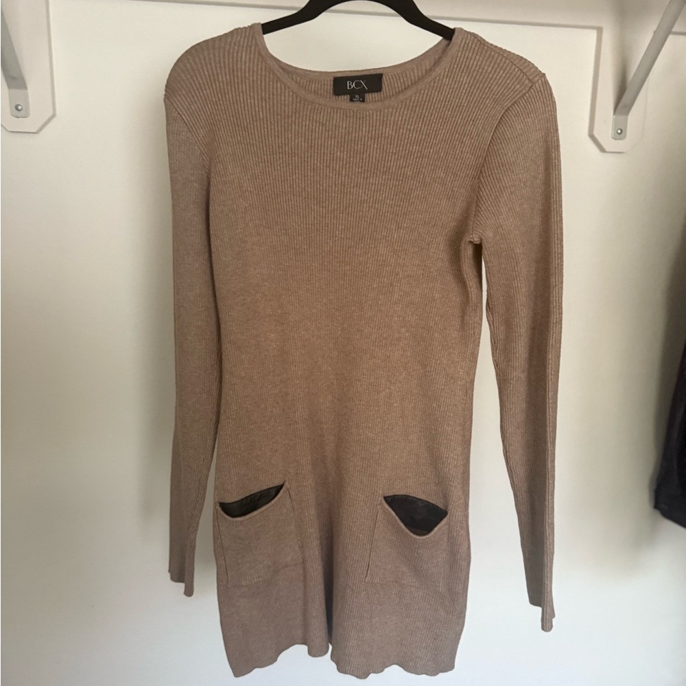 BCX Ribbed Knit Sweater Tunic Dress with Pockets XL Beige